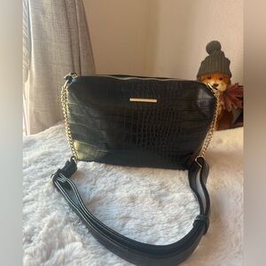 Aldo Black Croc-Embossed Crossbody Bag with Gold Chain